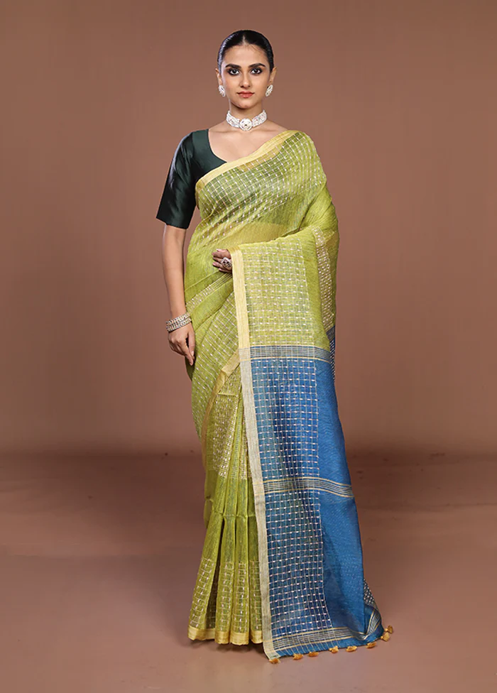 Green Linen Silk Saree With Blouse Piece - Image 2