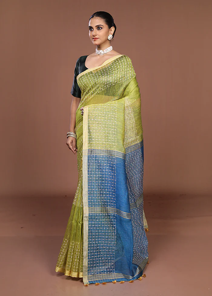 Green Linen Silk Saree With Blouse Piece - Image 4