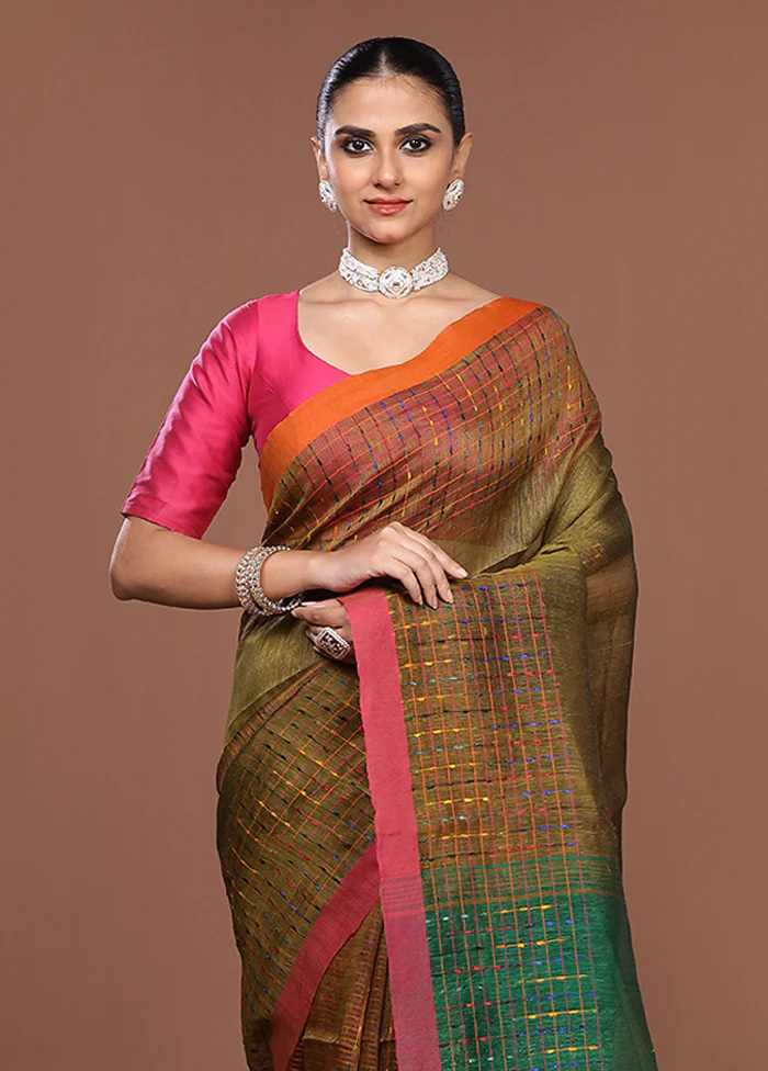 Green Linen Silk Saree With Blouse Piece