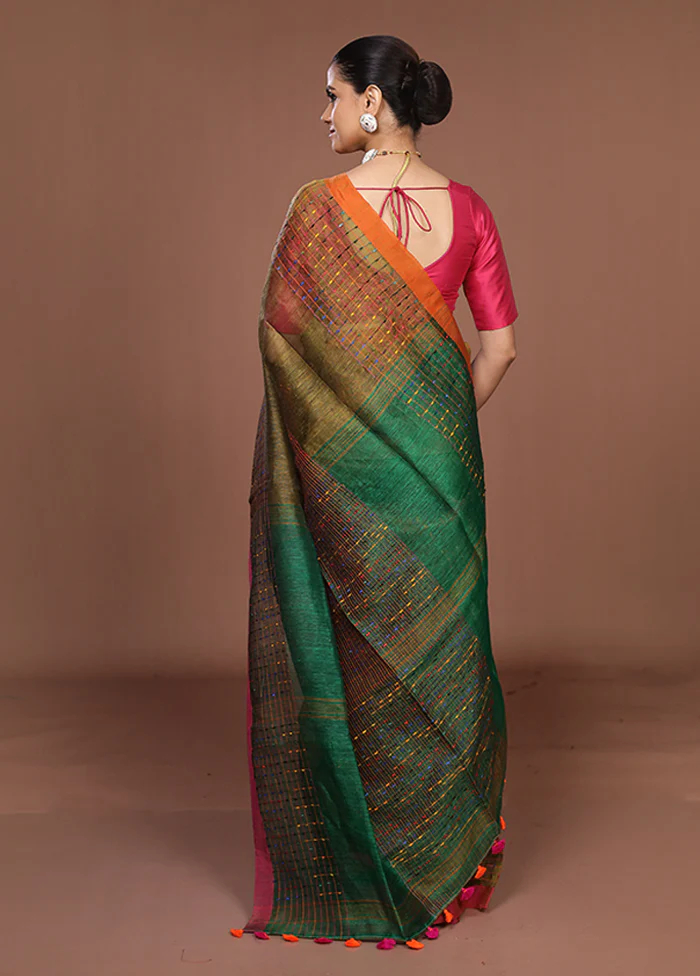 Green Linen Silk Saree With Blouse Piece - Image 3