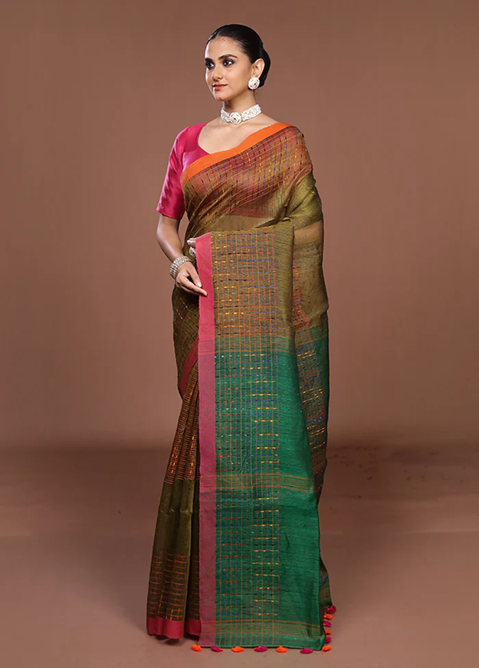 Green Linen Silk Saree With Blouse Piece - Image 4