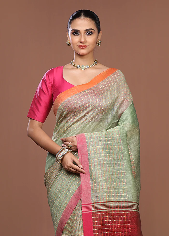 Green Linen Silk Saree With Blouse Piece