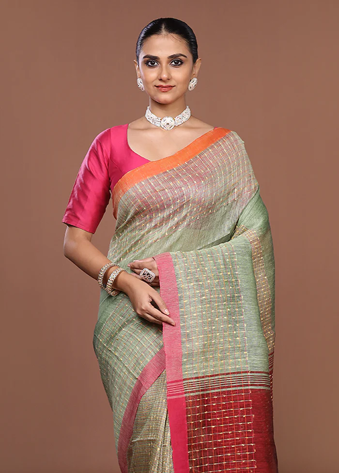 Green Linen Silk Saree With Blouse Piece