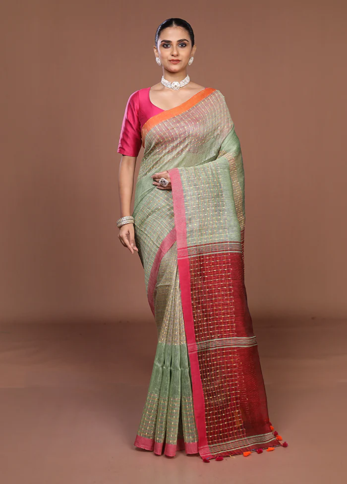 Green Linen Silk Saree With Blouse Piece - Image 2