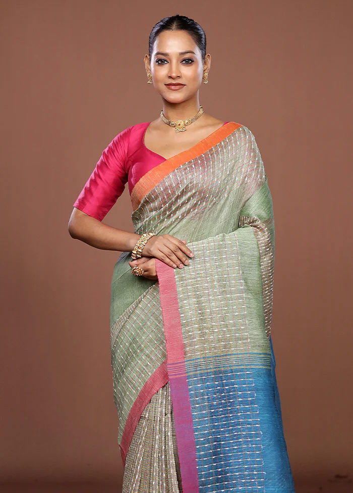 Green Linen Silk Saree With Blouse Piece