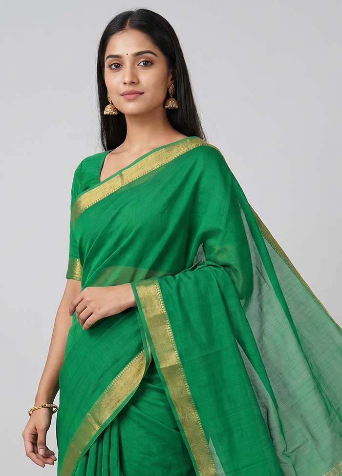 Green Mangalgiri Silk Saree With Blouse Piece - Image 2
