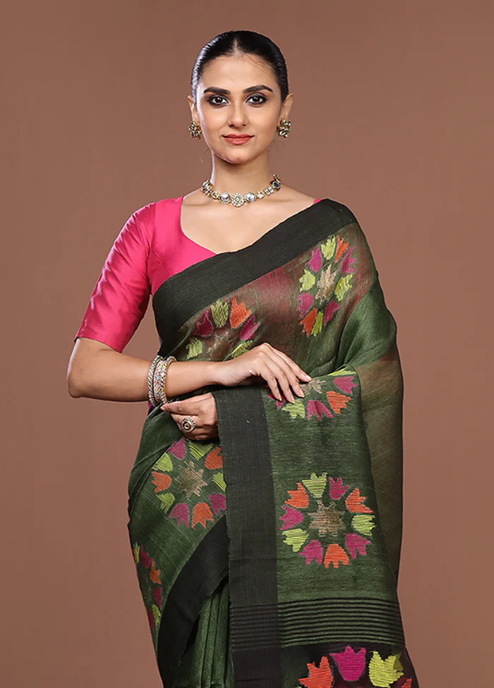 Green Matka Silk Saree With Blouse Piece
