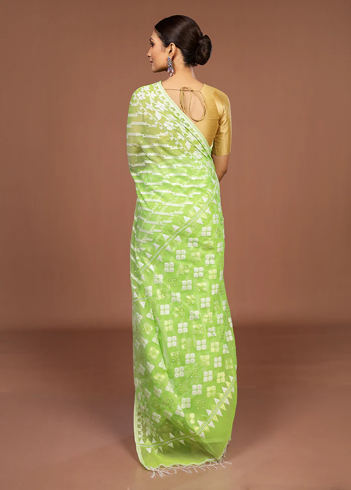 Green Jamdani Cotton Saree Without Blouse Piece - Image 3
