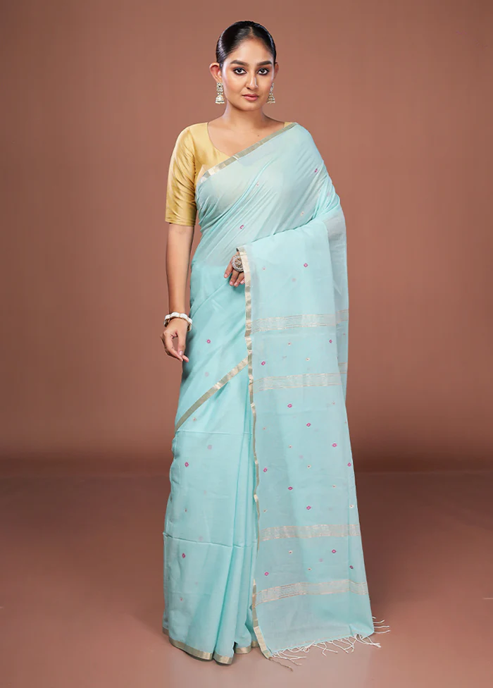 Blue Matka Silk Saree With Blouse Piece - Image 2