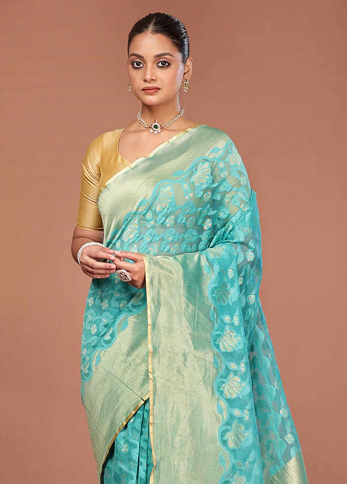 Green Net Saree With Blouse Piece