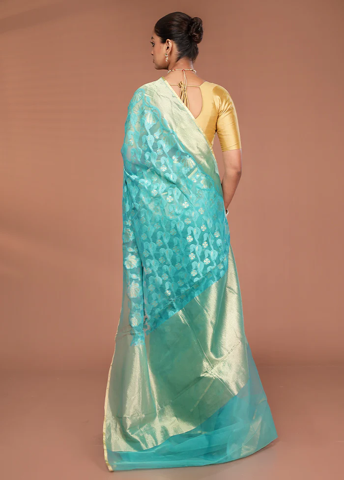 Green Net Saree With Blouse Piece - Image 3