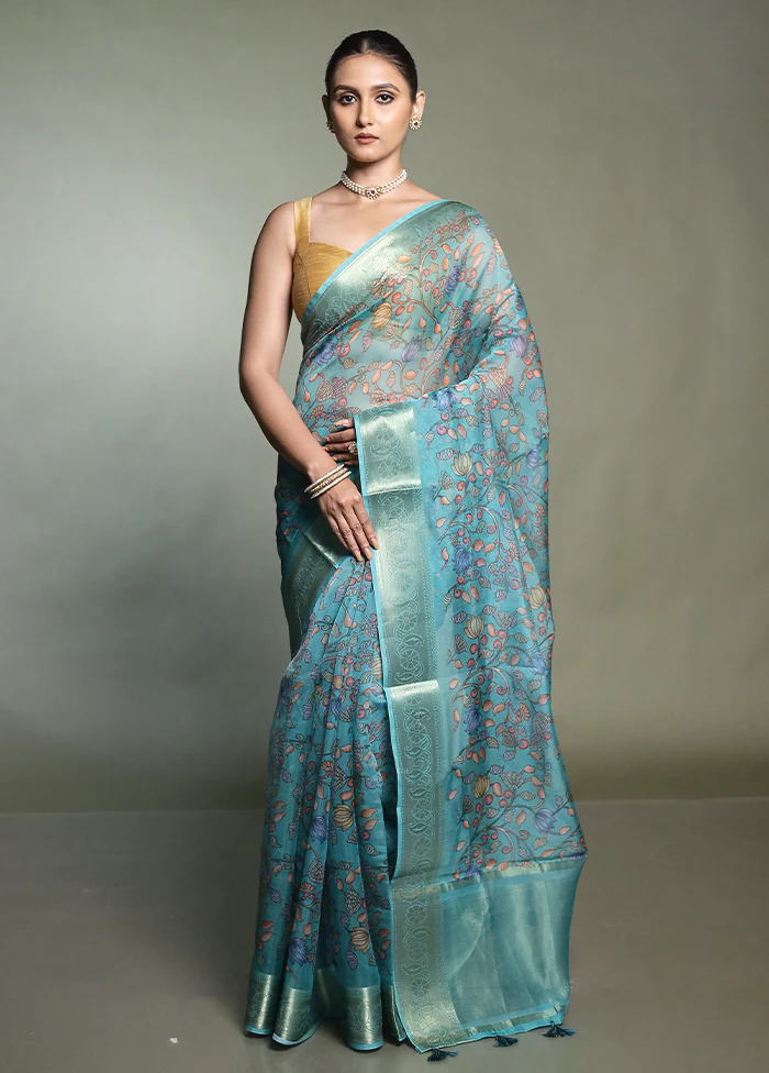 Green Organza Saree With Blouse Piece - Image 2