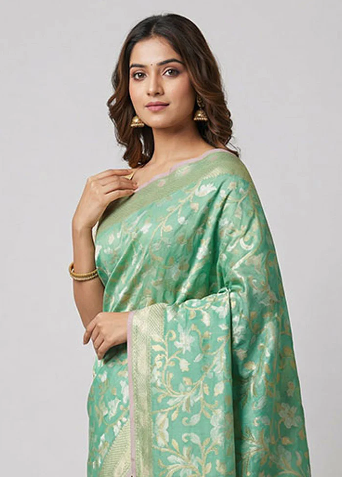Green Organza Saree With Blouse Piece - Image 2