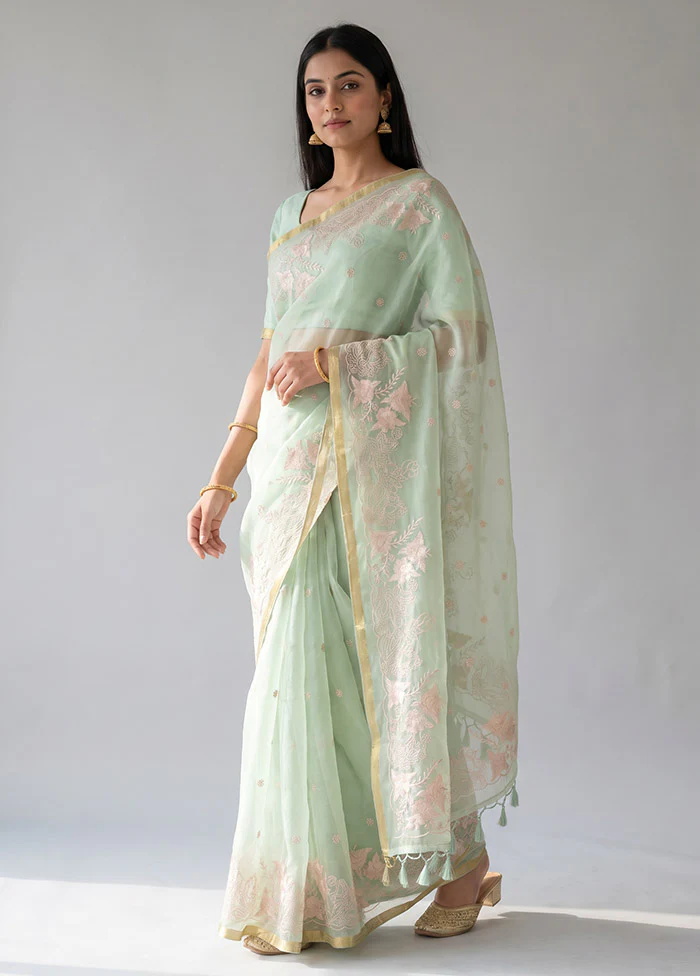 Green Organza Saree With Blouse Piece