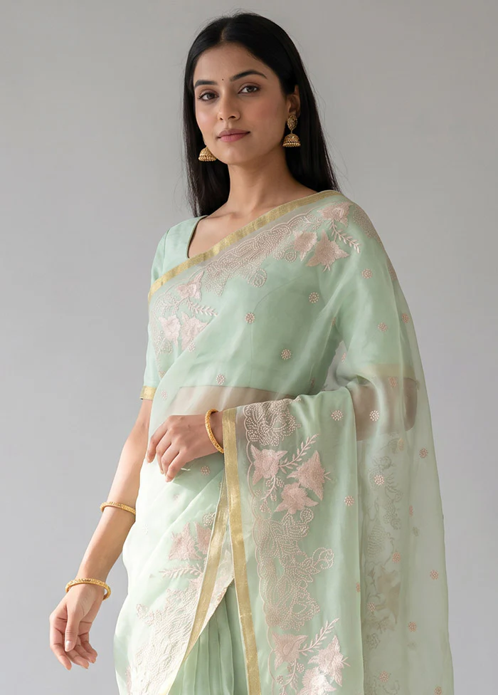Green Organza Saree With Blouse Piece - Image 2