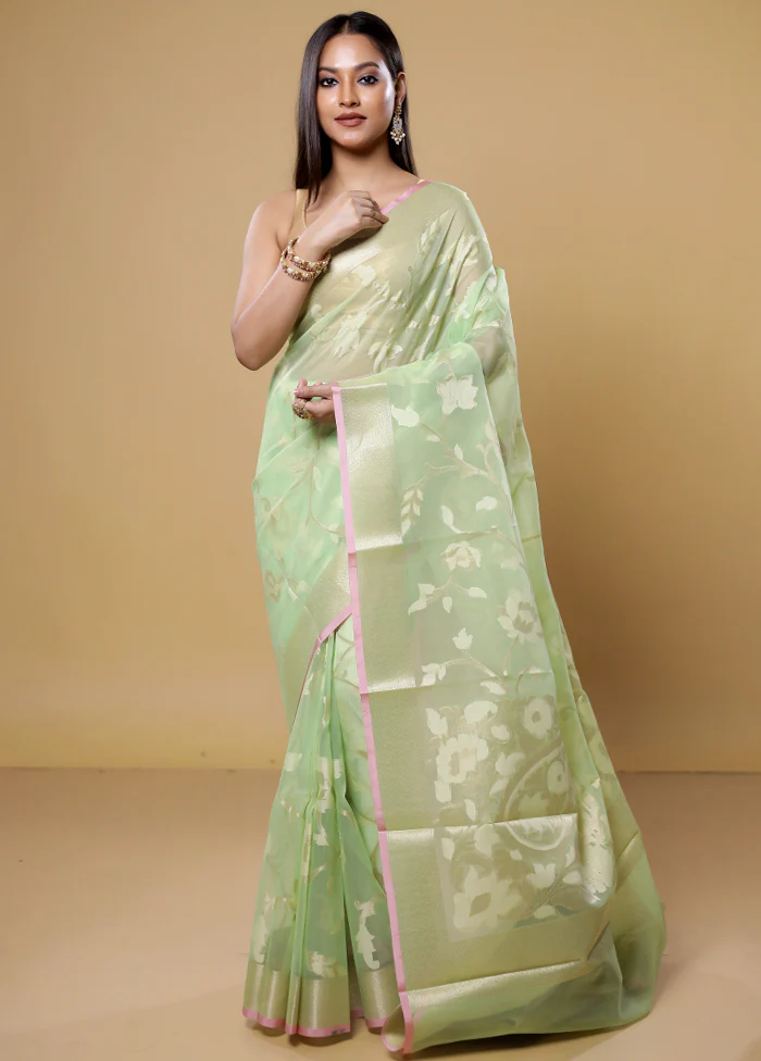 Green Organza Saree With Blouse Piece - Image 2