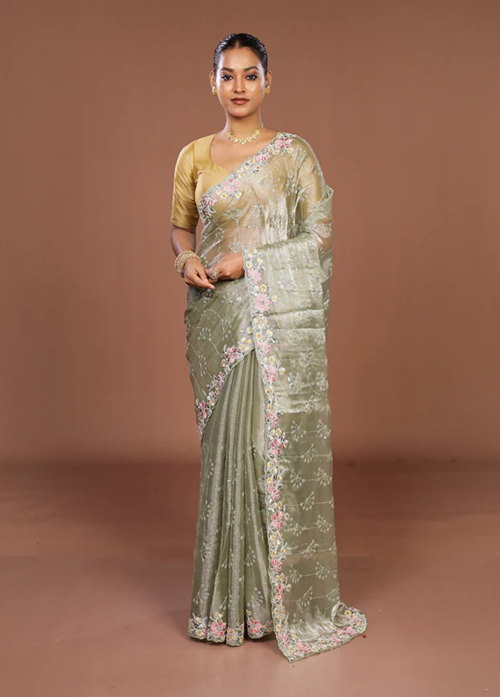 Green Organza Saree With Blouse Piece - Image 2
