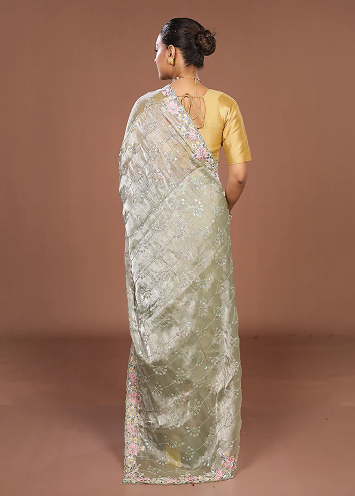 Green Organza Saree With Blouse Piece - Image 3