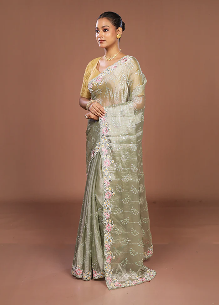 Green Organza Saree With Blouse Piece - Image 4