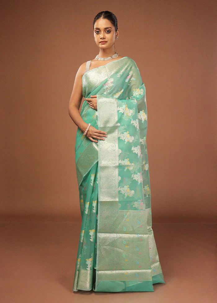 Green Organza Saree With Blouse Piece - Image 2