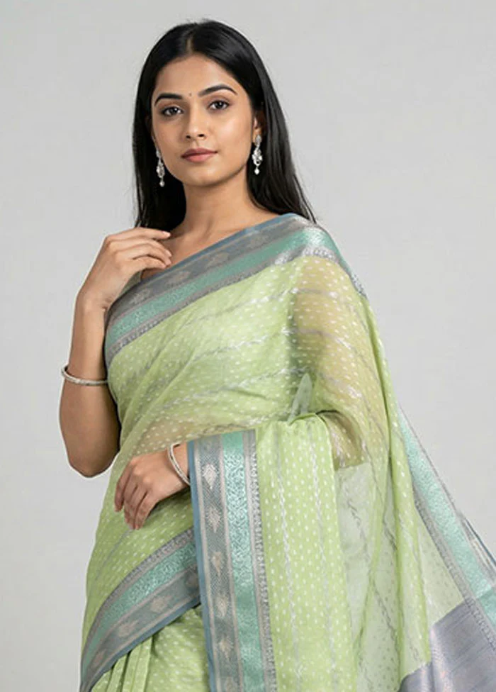 Green Organza Saree With Blouse Piece - Image 2