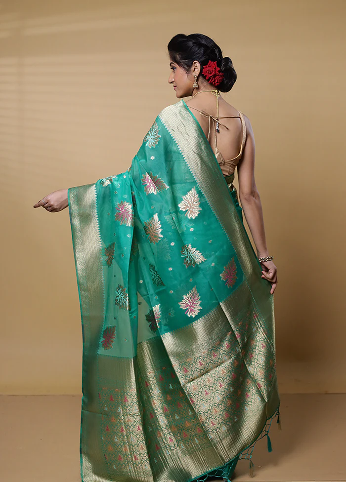 Green Organza Saree With Blouse Piece - Image 3