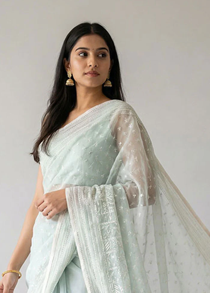 Green Organza Saree With Blouse Piece - Image 2