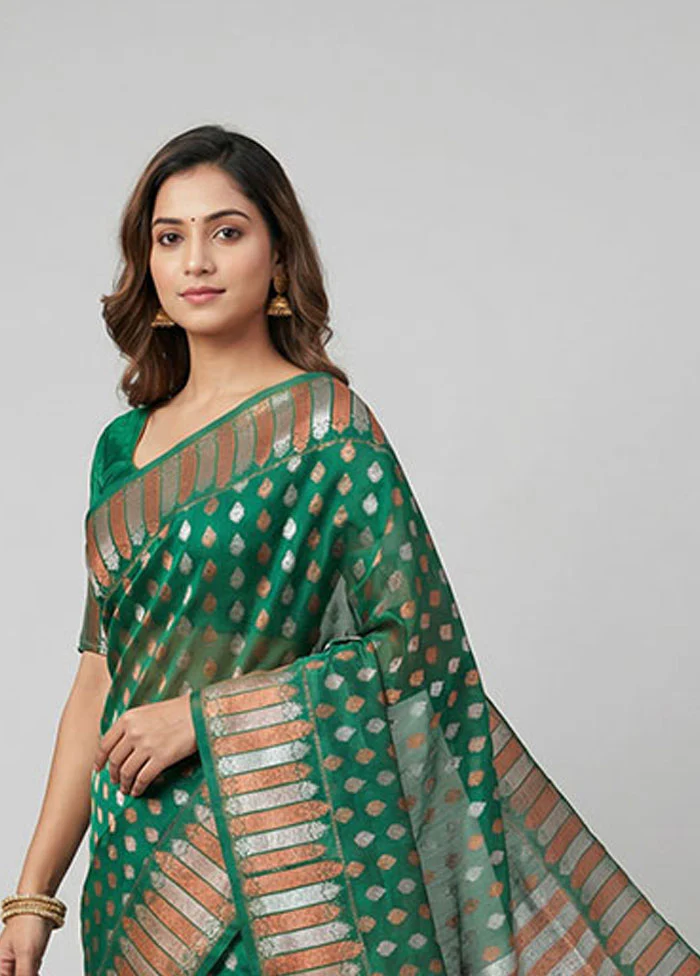 Green Organza Saree With Blouse Piece - Image 2
