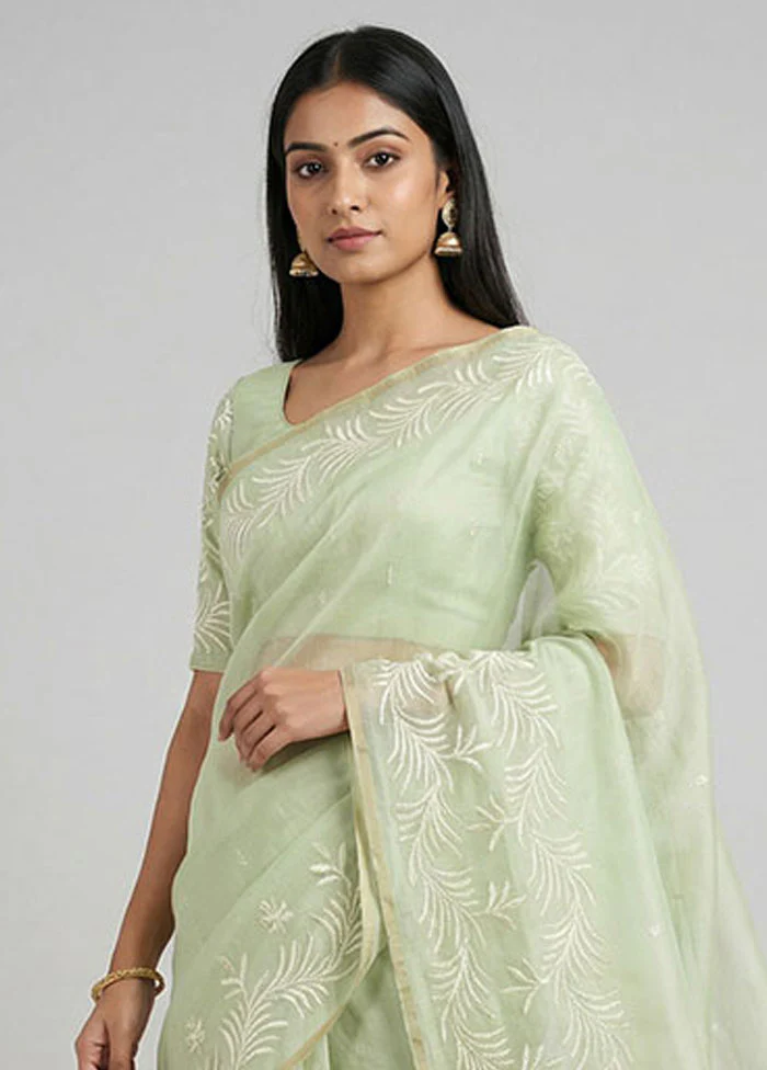 Green Organza Saree With Blouse Piece - Image 2