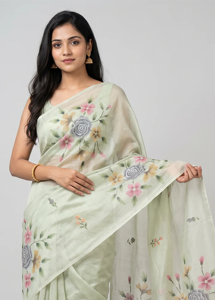 Green Organza Saree With Blouse Piece - Image 2