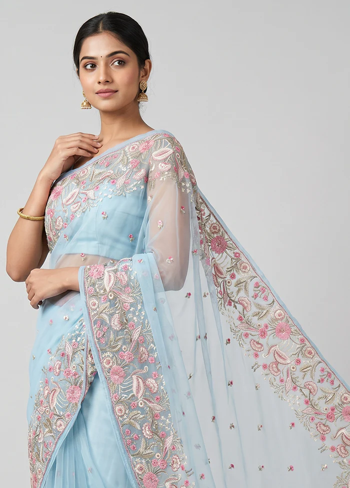 Green Organza Saree With Blouse Piece - Image 2