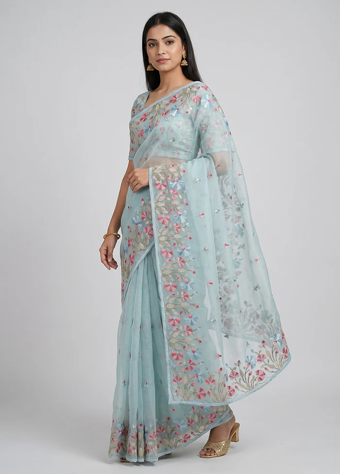 Green Organza Saree With Blouse Piece