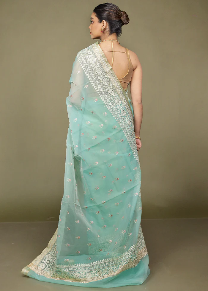 Green Organza Saree With Blouse Piece - Image 3
