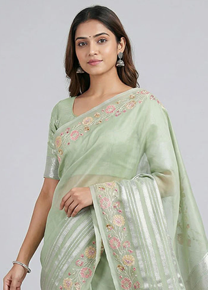 Green Organza Saree With Blouse Piece - Image 2