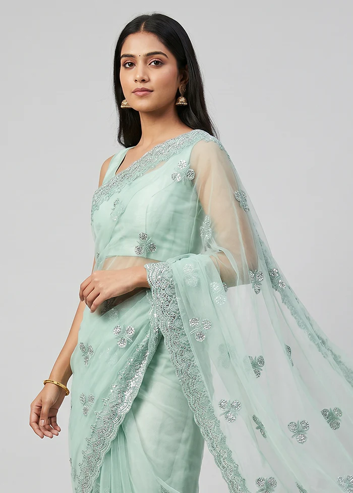Green Organza Saree With Blouse Piece - Image 2