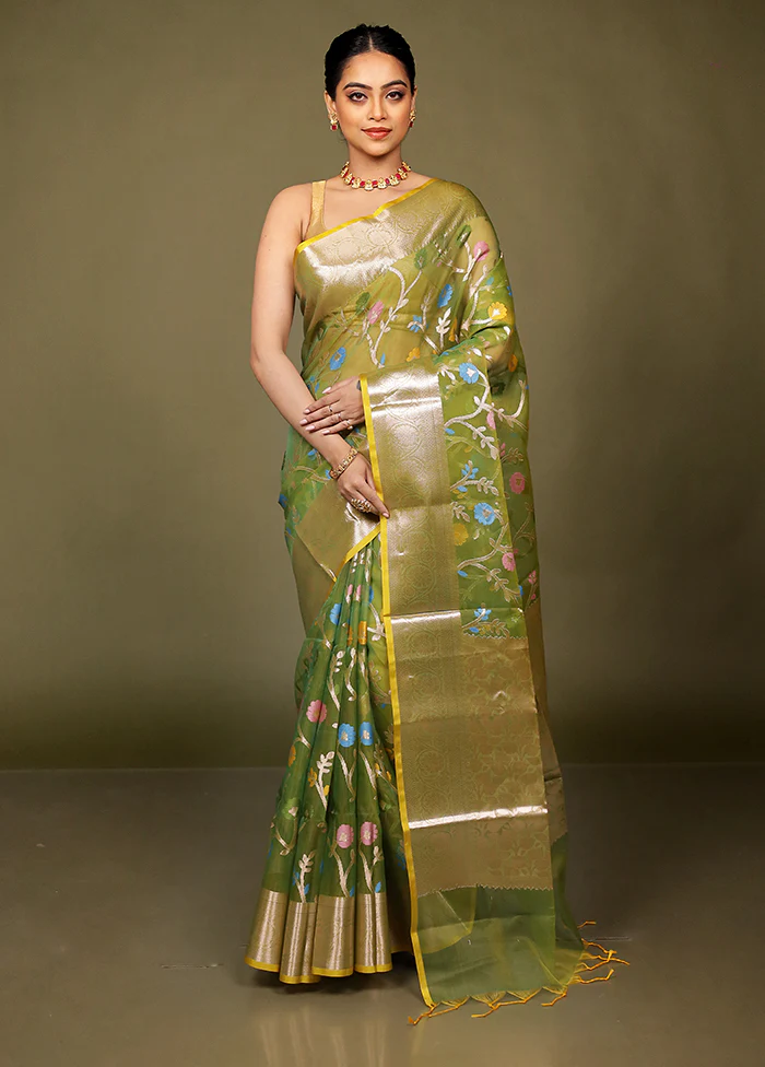 Green Organza Saree With Blouse Piece - Image 2