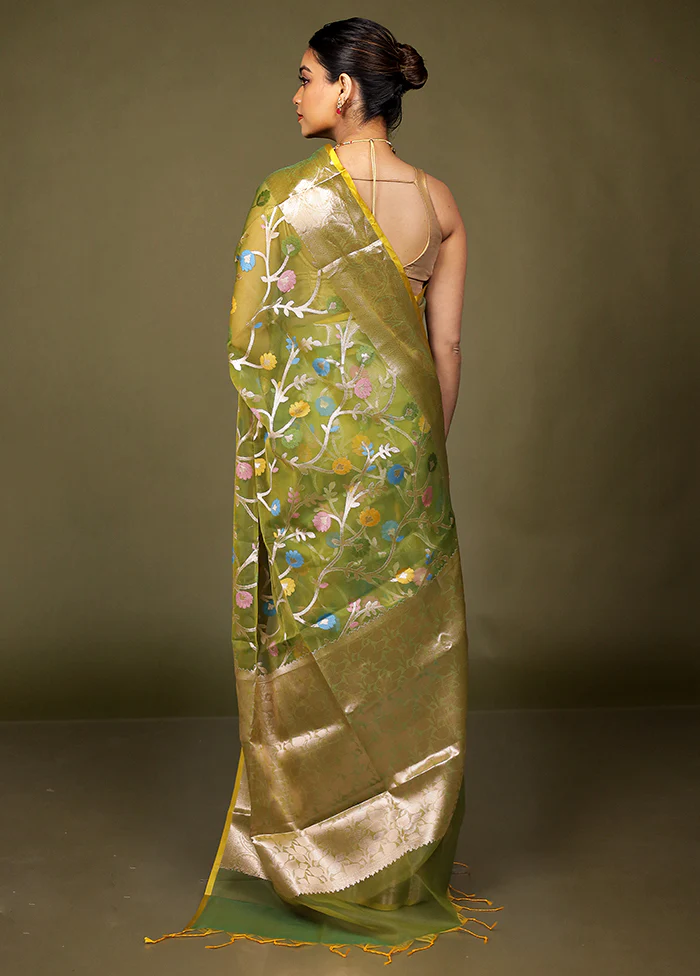 Green Organza Saree With Blouse Piece - Image 3