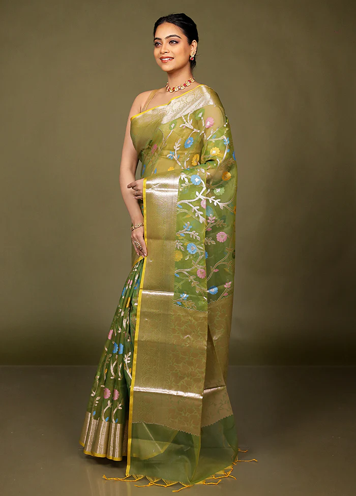 Green Organza Saree With Blouse Piece - Image 4