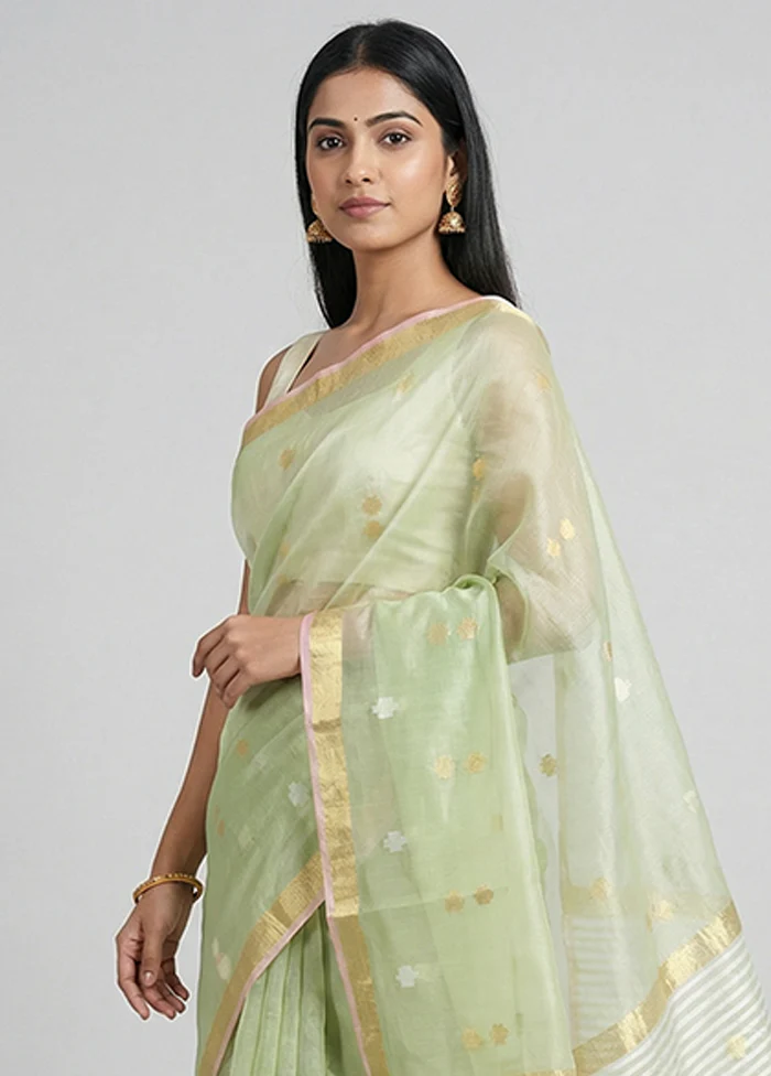 Green Organza Saree With Blouse Piece - Image 2