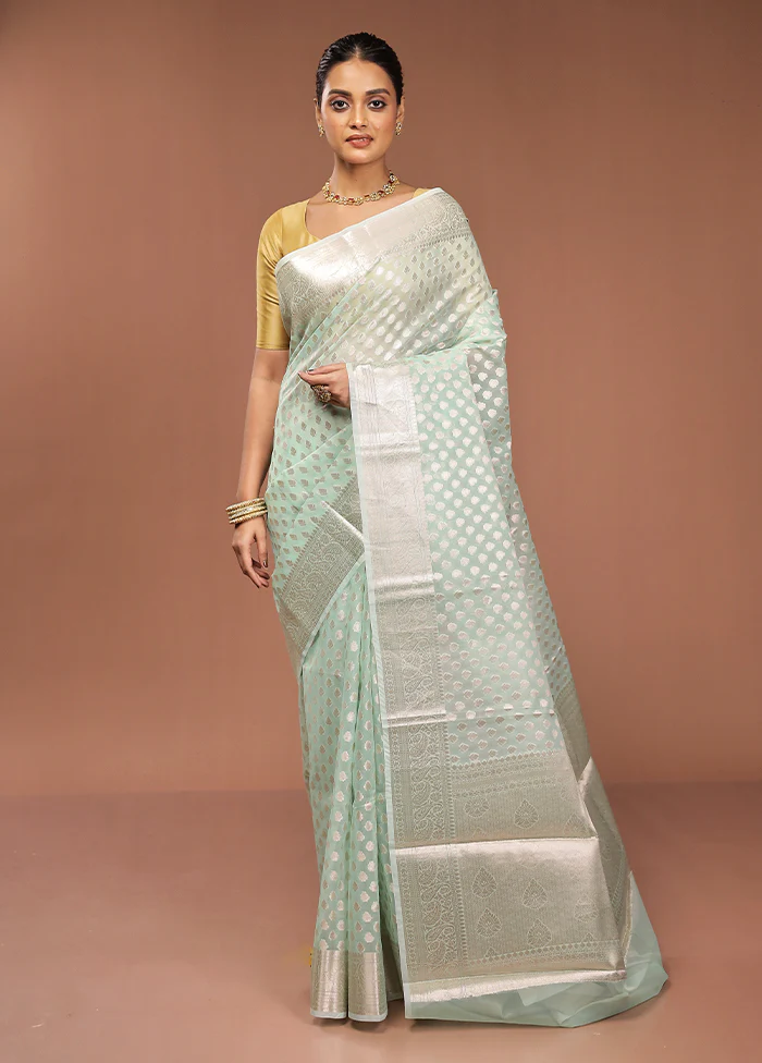 Green Organza Saree With Blouse Piece - Image 2