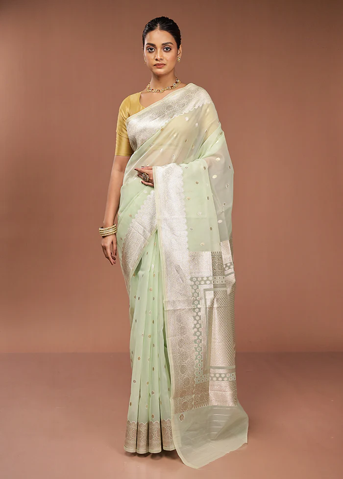 Green Organza Saree With Blouse Piece - Image 2