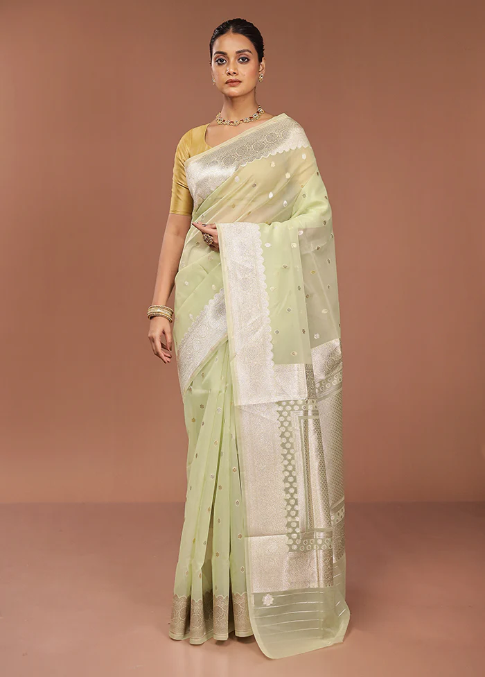 Green Organza Saree With Blouse Piece - Image 2