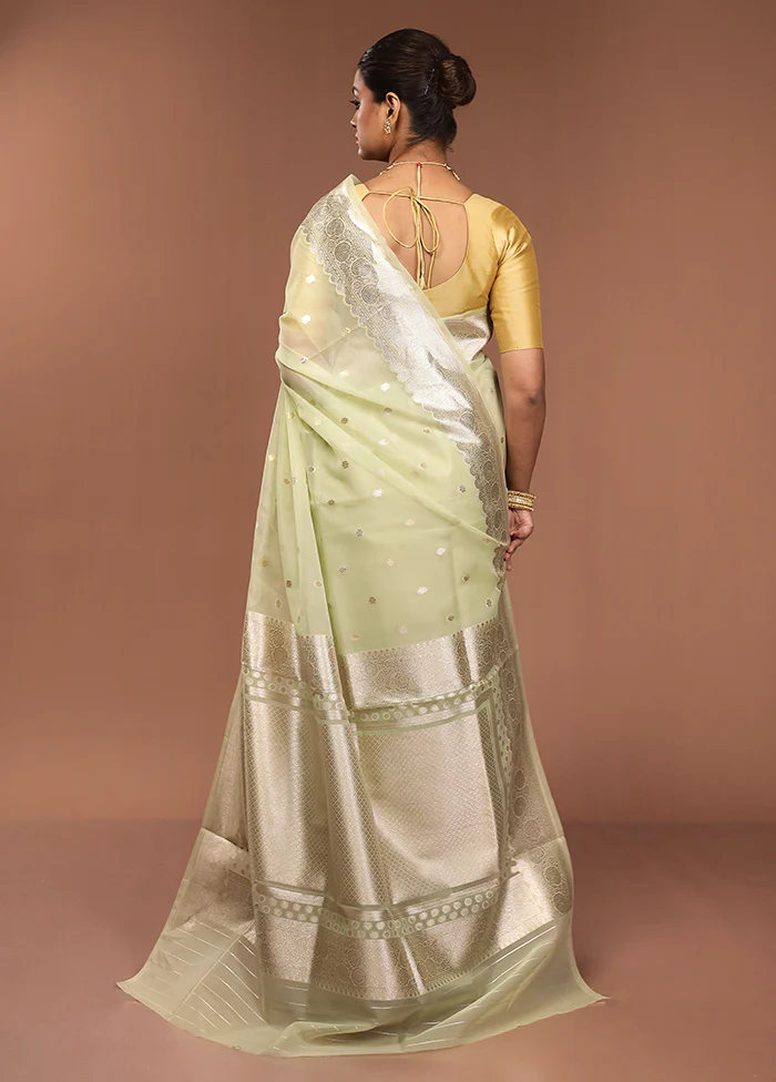 Green Organza Saree With Blouse Piece - Image 3
