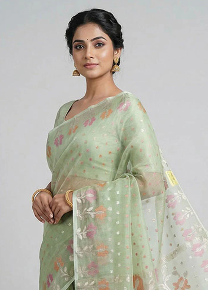 Green Organza Saree With Blouse Piece - Image 2