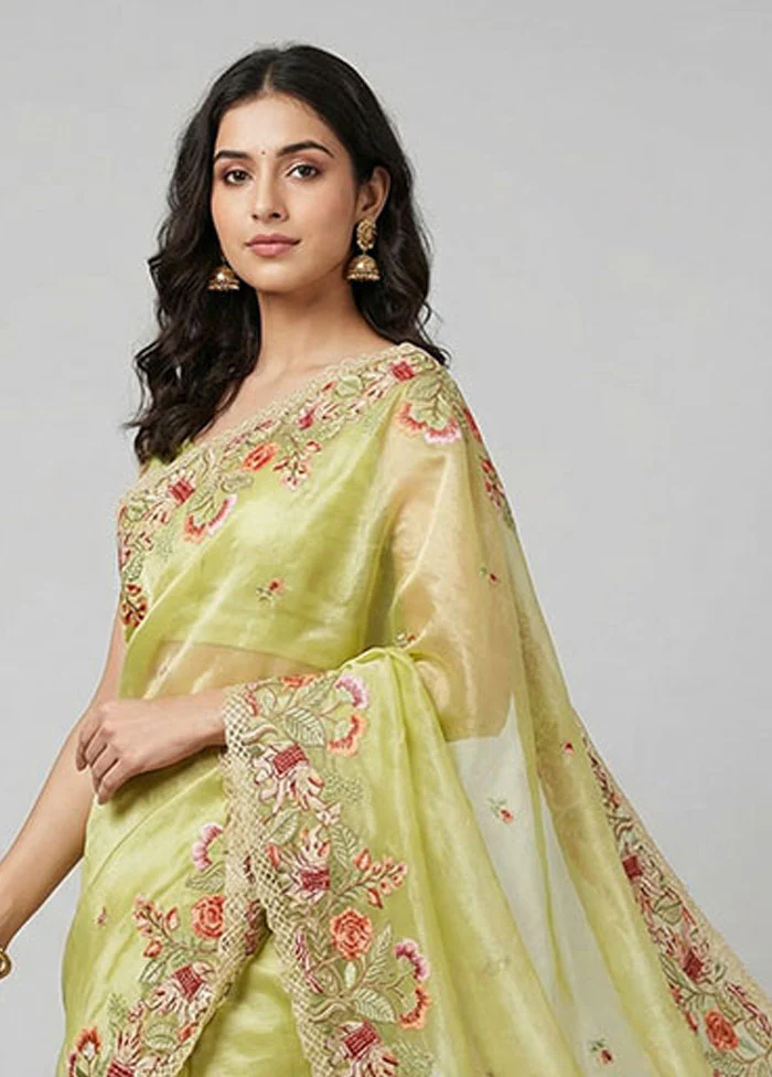 Green Organza Saree With Blouse Piece - Image 2