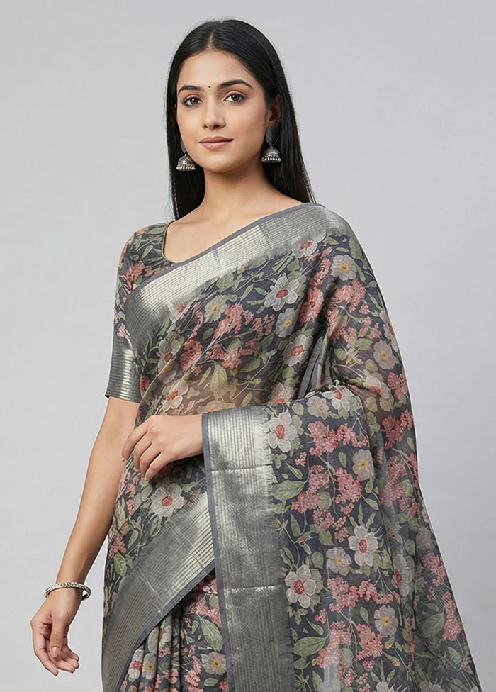 Green Organza Saree With Blouse Piece - Image 2