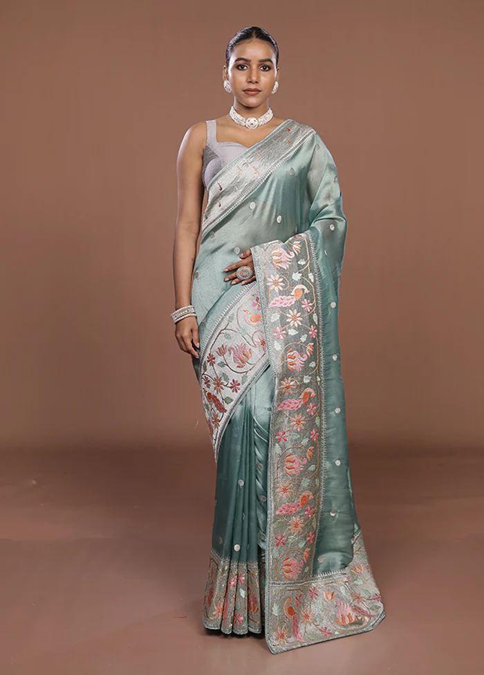 Green Organza Saree With Blouse Piece - Image 2