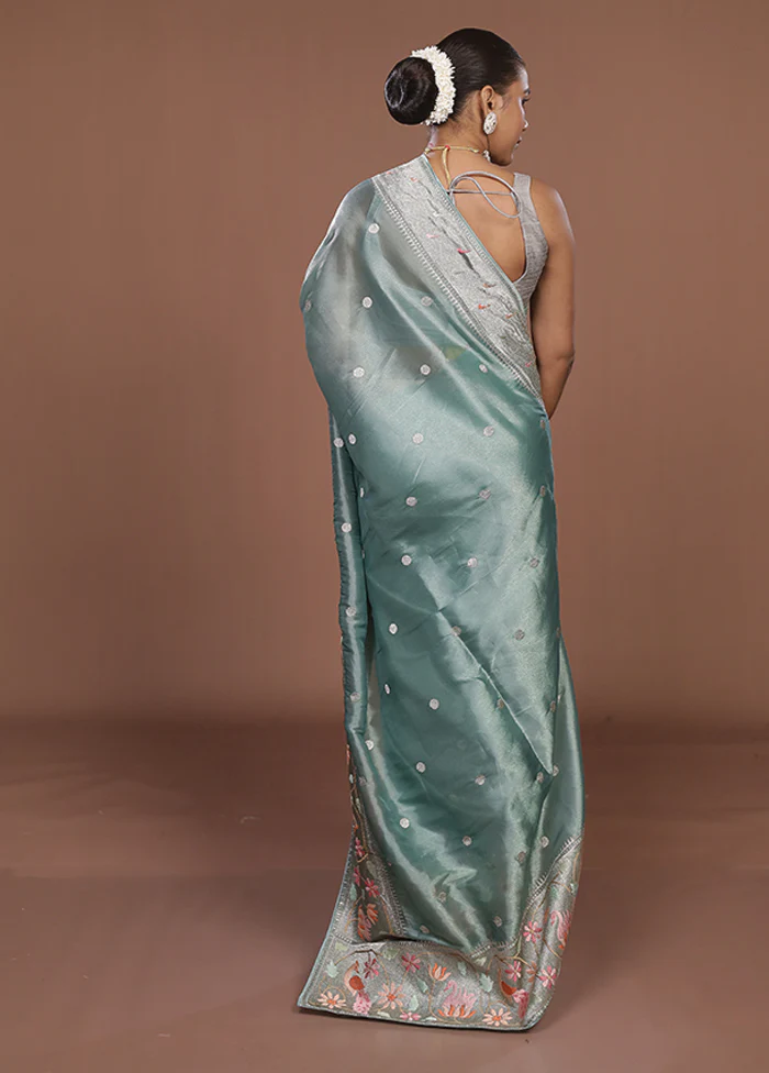 Green Organza Saree With Blouse Piece - Image 3