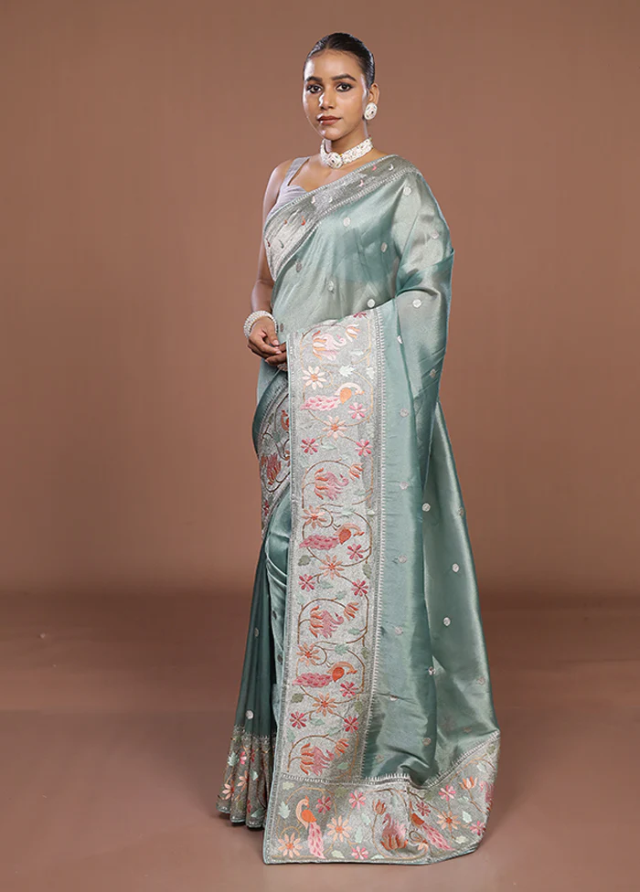 Green Organza Saree With Blouse Piece - Image 4