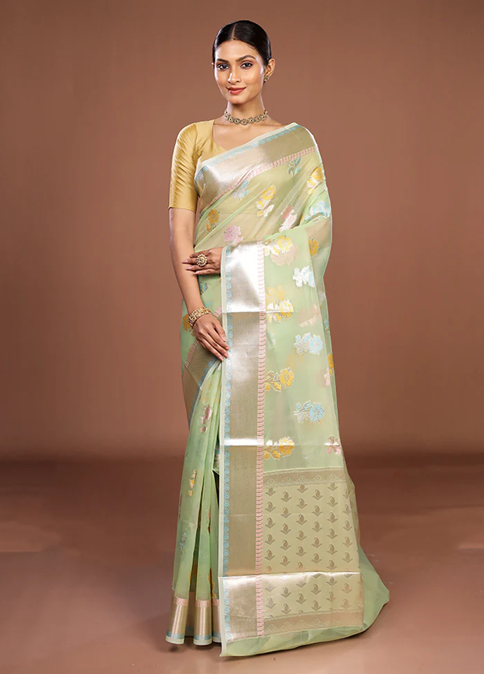 Green Organza Saree With Blouse Piece - Image 2